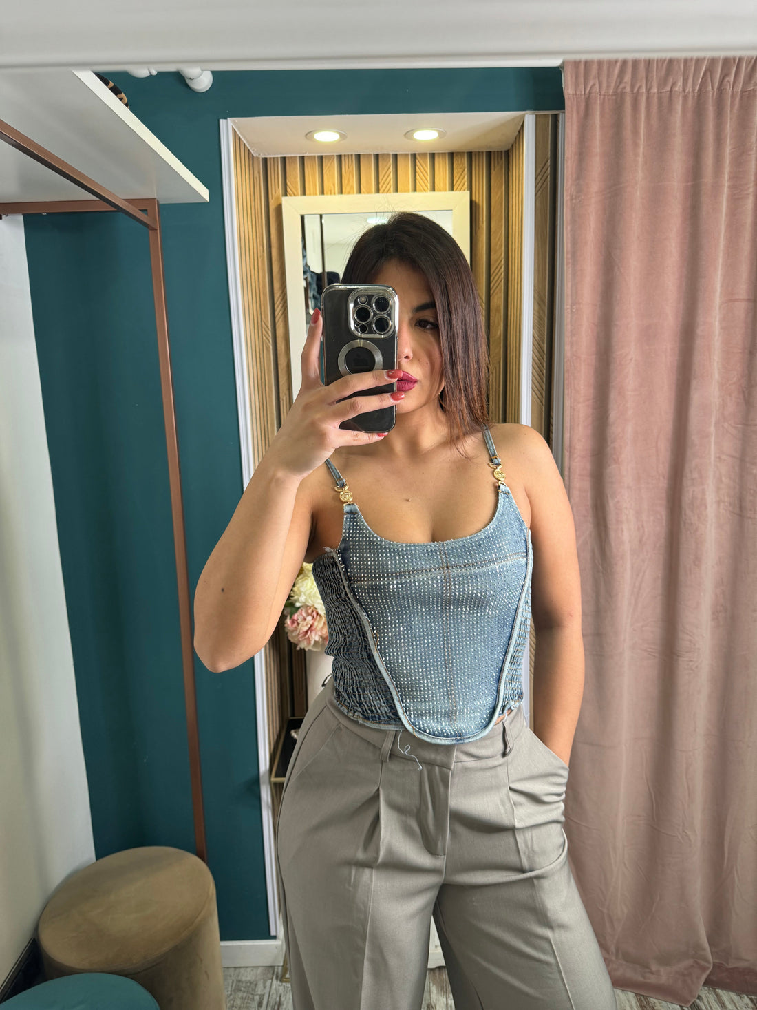 Top denim strass